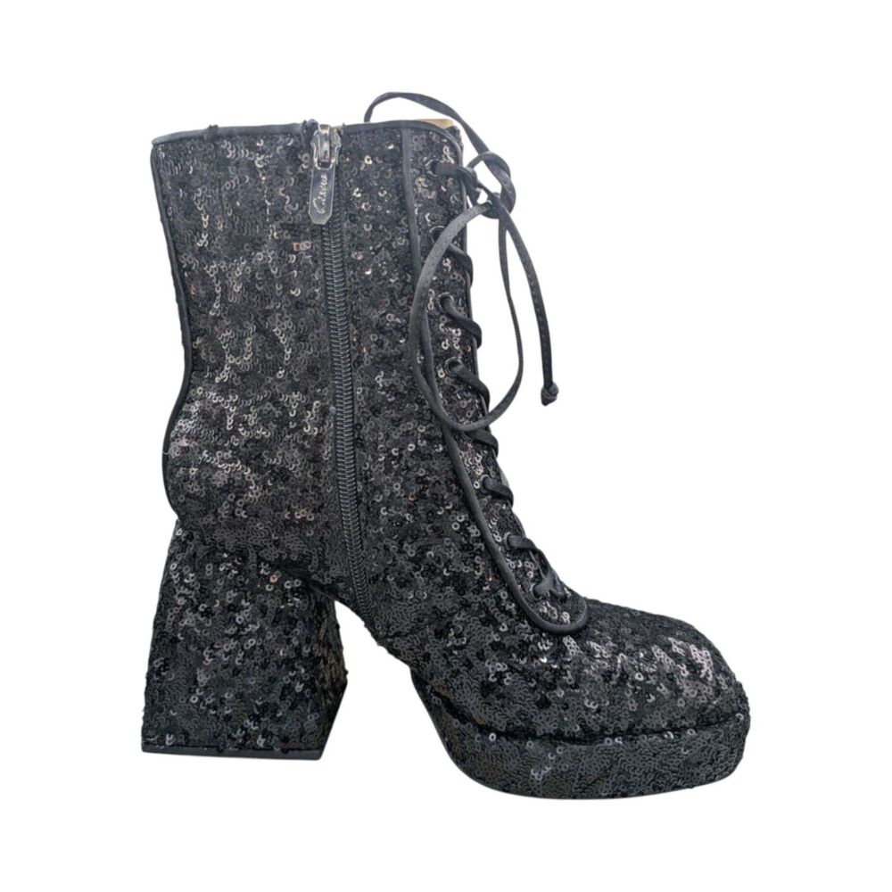 Circus, Sam Edelman Kia Sequin Black Lace Up Side Zip Block Heel Ankle Boots 7.5